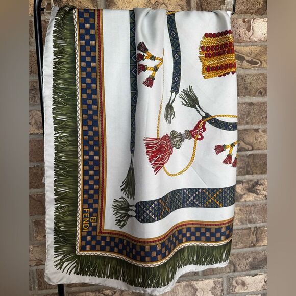 Vintage FENDI 100% Silk Scarf Tassel Rope Print 35x33” - Picture 13 of 14
